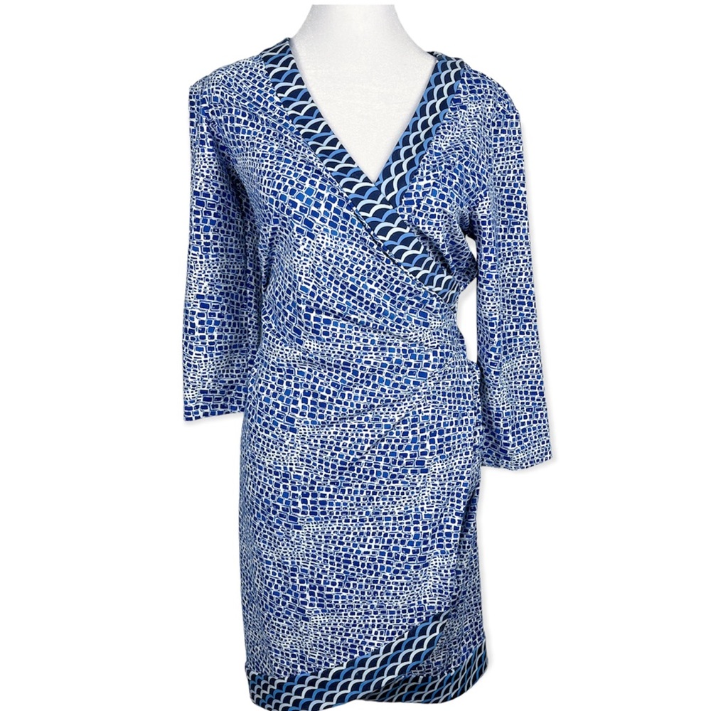 J.‎ McLaughlin Blue V Neck Ruched Gathered Waist Half Sleeve Abstract Dress M